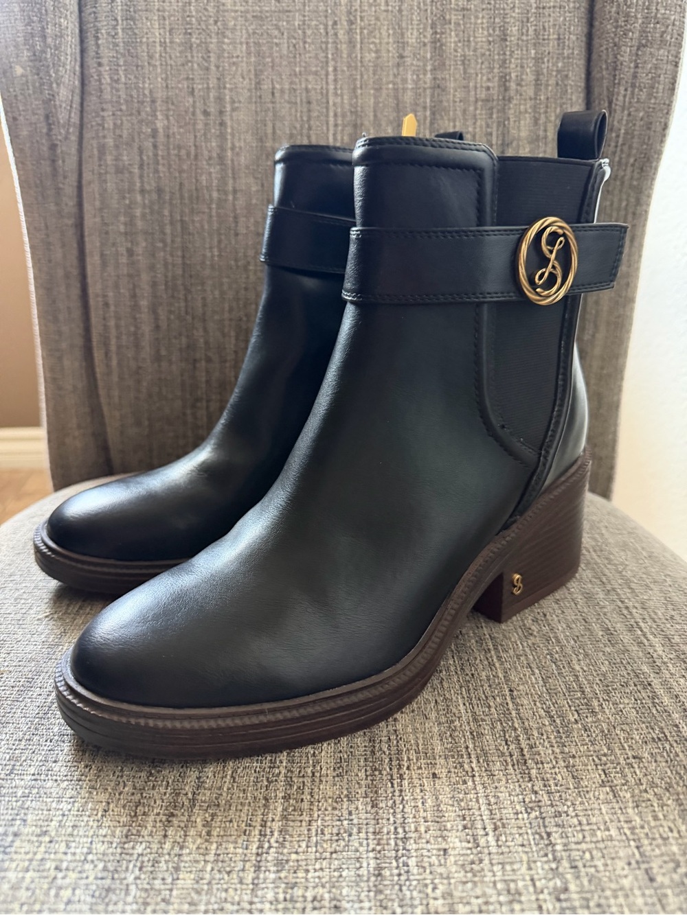 Sam & Libby Black Ankle Booties with Gold Emblem